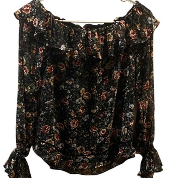 Oliveaceous Black Floral Off Shoulder Peasant Blouse Size M - Picture 5 of 6
